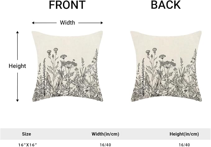AEIOAE Black White Gray Pillow Covers 16x16 Inch Set of 2, Spring Wildflower Plant Throw Pillows Case,Seasonal Floral Outdoor Decorative Flowers Farmhouse Decor Cushion Covers for Home Sofa Bed Couch