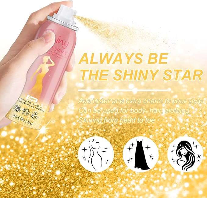 Hair and Body Glitter Spray, 60ml Gold Glitter Hairspray Dry Powder Makeup for Clothes, Festival Rave Prom Loose Sparkle Powder,Holographic Ultra Fine Glitters for Crafts (Gold)