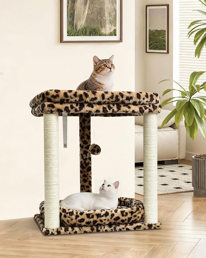 SYANDLVY Leopard Print Cat Tree with 2 Levels Perch Platforms for Kittens | Natural Sisal Scratching Post Tower with Hanging Bell Ball & Anti-Tip Strap, Stable Cat Furniture for Indoor Cats