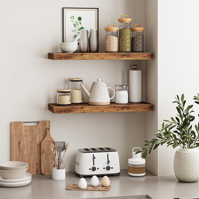 Fixwal Floating Wall Shelves for Decor (Rustic Brown, Set of 2, 22Inch) | MDF Shelf with Metal Brackets, Space Saving for Books , Decor, Fits Bathroom, Kitchen, Bedroom, or Office