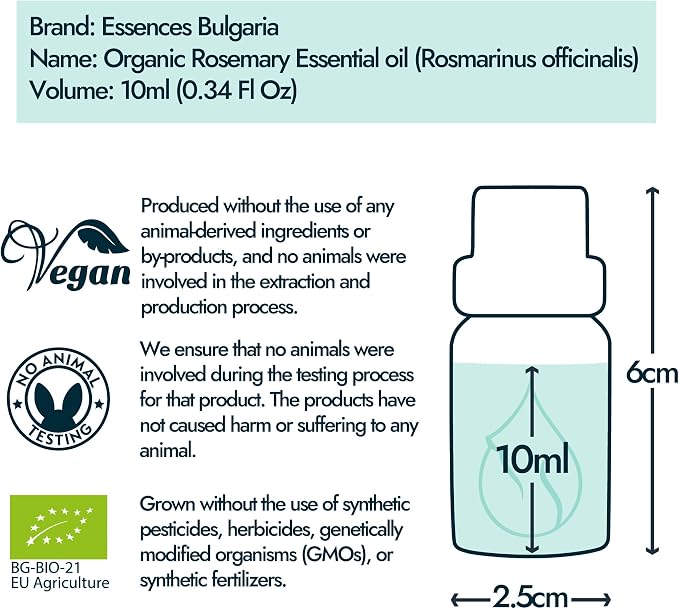 Essences Bulgaria Organic Rosemary Essential Oil 1/3 Fl Oz | 10ml | Rosmarinus officinalis | 100% Pure and Natural | Undiluted | Therapeutic Grade | Family Owned Farm | Steam-Distilled | Non-GMO