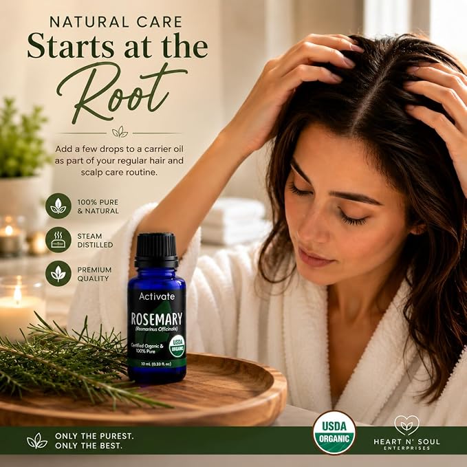 Activate Organic Rosemary Essential Oil, USDA Certified Organic, 100% Pure & Undiluted, Steam Distilled for Aromatherapy, Hair, Skin, Diffuser, Massage, DIY Soap & Candle Making, 10ml