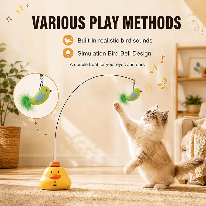 Automatic Cat Toys, Interactive Cat Toys for Indoor Cats | 360° Rotating Moving Cat Fishing Pole Toy, 2 Speeds with Bird Sound, 8cm Suction Cup & Weighted Base