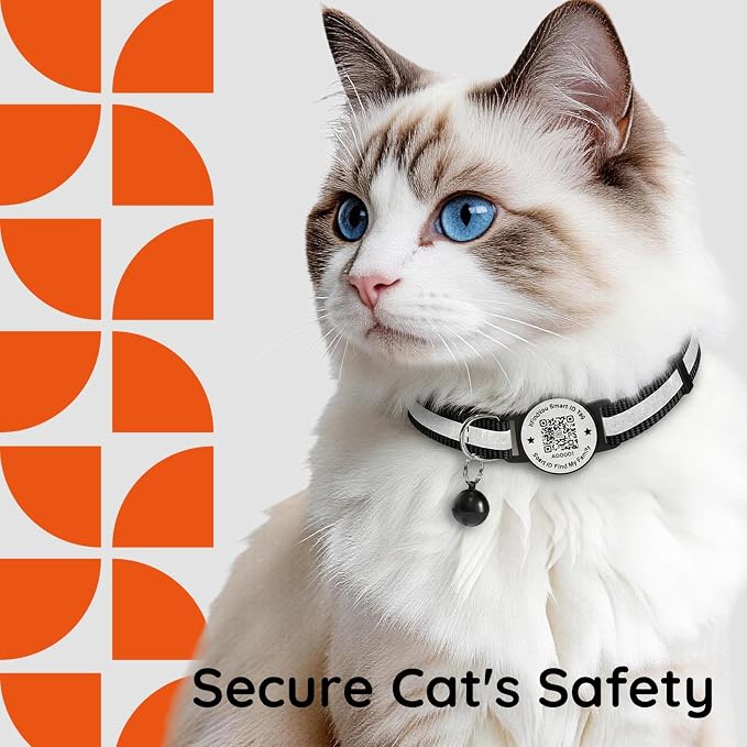 Breakaway Cat Collar QR Code, Reflective Bell, Adjustable Kitten, Black