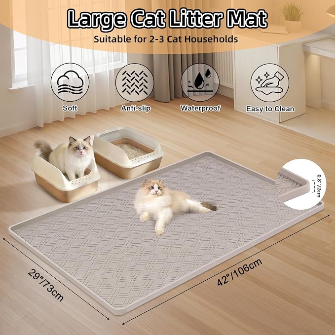 Silicone Cat Litter Mat 42" x 29" Cat Mat for Litter Box, Khaki | Extra Large Cat Litter Trapping Mat for Floor, Waterproof, Non-Slip Kitty Litter Box Mat with Raised Edge, Easy to Clean