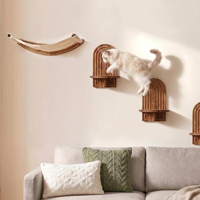 Rustic Cat Wall Shelves, Farmhouse Style Wooden Cat Furniture with Hammock, Space-Saving Cat Climbing System & Floating Perch for Indoor Cats