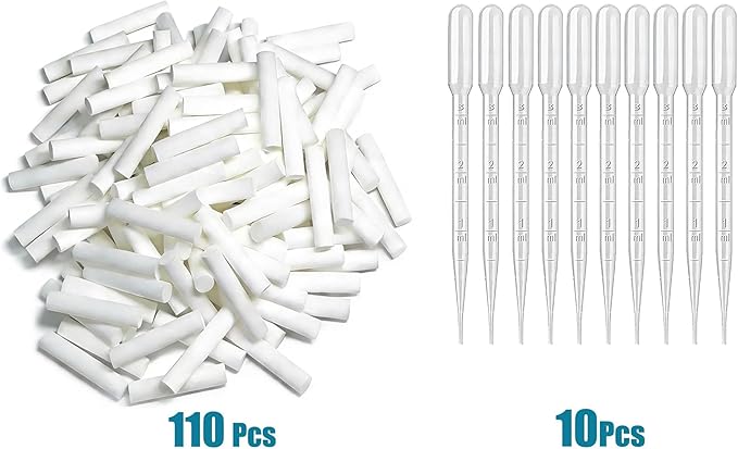 110Pack Wick Essential Oil Inhaler Replacement Kit, 4 cm (1 5/8 inch) Blank Nasal Sticks,or Essential Oil Inhalers. 10 Mini Droppers. for Essential Oil Inhalers.