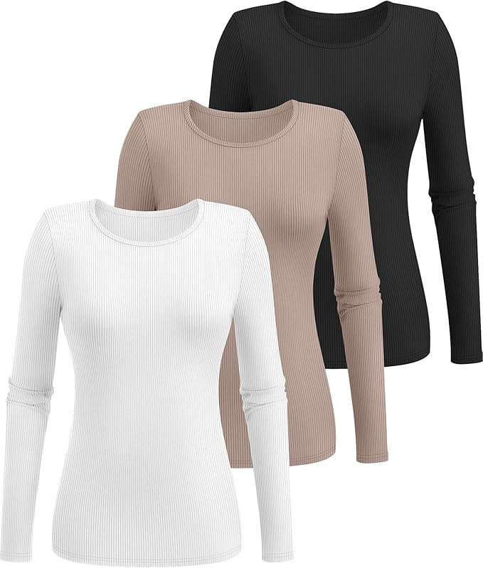 Ficerd 3 Pack Women's Ribbed Long Sleeve Tops, Crew Neck Slim Fit Undershirts Knit Basic Casual Stretch Layering Tee Shirts