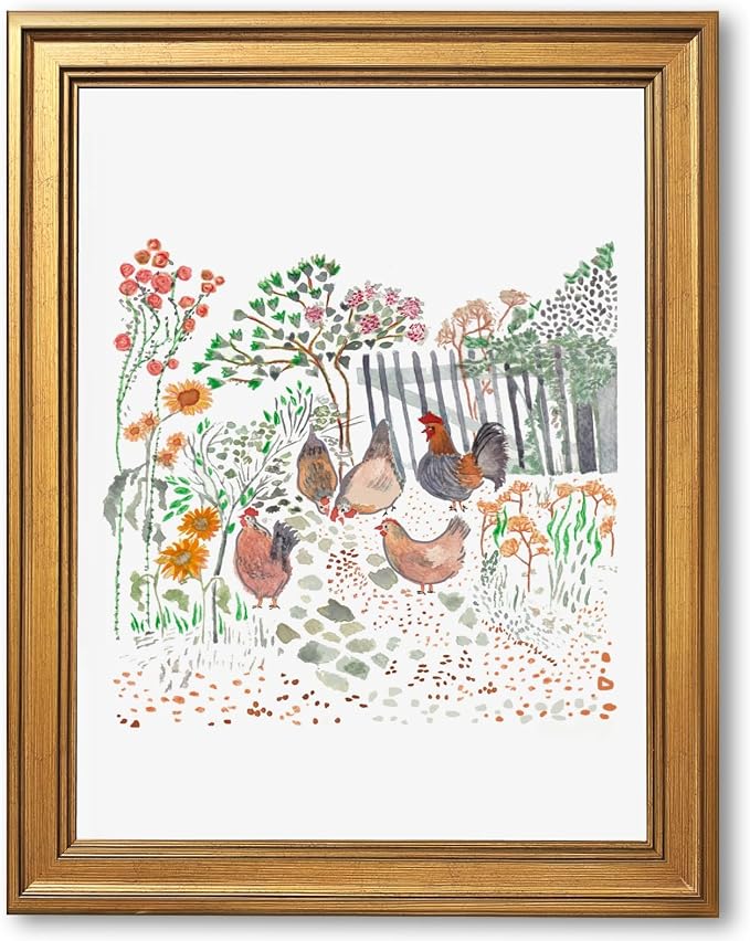 Framed Cottagecore Chicken Wall Art Painting Farmhouse Hens Print Rustic Country Farm Illustration Picture Poster Vintage Pastoral Canvas Artwork Aesthetic Cottage Home Kitchen Room Decor 24x36inch