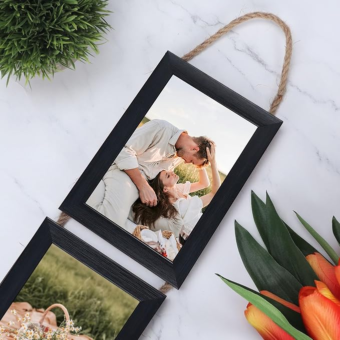 QUTREY 4x6 Collage Picture Frames Black, 6 Openings Vertical Hanging Photo Frame Set Display 4 by 6 inch Pictures for Wall Decor, 2 Pack