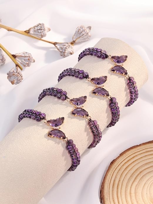 Top Plaza Amethyst Bracelet Healing Crystal Stone Bracelet for Women 8mm Crystal Beads Butterfly Charms Stretch Bracelet Handmade Energy Gemstone Bracelet Jewelry
