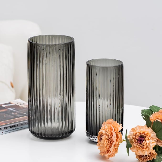 Flower Vase 10 inch Grey Thickened Hand Blow Glass Vase Round Vintage Striped Bottles for Bookshelf,Dinner Table,Indoor Office Desktop,Meeting Room,Bathroom,Countertop,Home