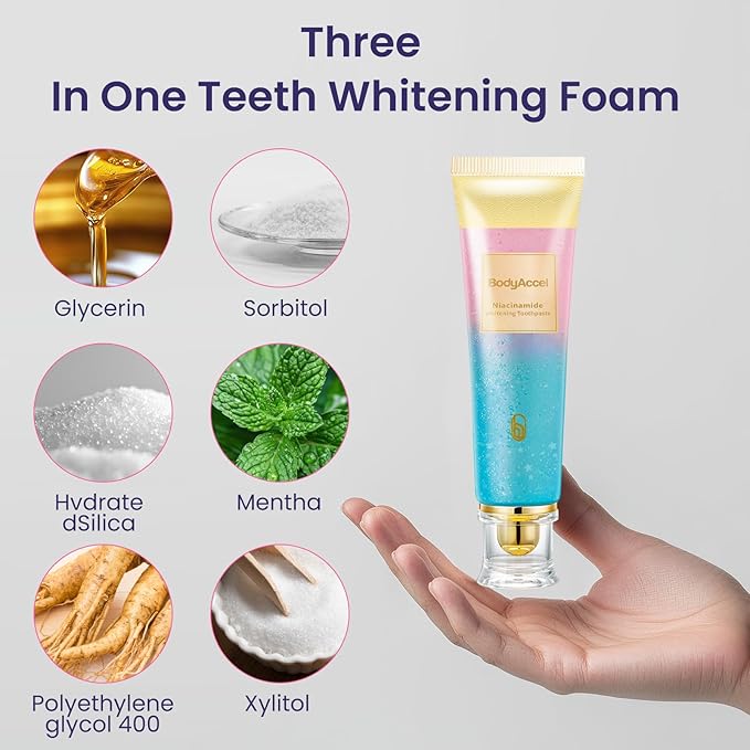 BodyAccel Niacinamide Whitening Toothpaste, Brightens and Whitens Teeth, Stain Removal Natural Gentle, Fresh Breath