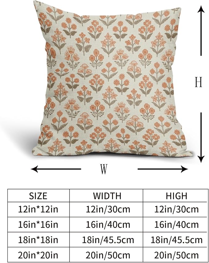 Brown Orange Floral Block Print Pillow Covers 18x18 Inch Set of 2, Vintage Flower Pattern Decorative Throw Pillowcases Outdoor Farmhouse Cushion Covers Spring Summer Rustic Sofa Couch Bed Decor