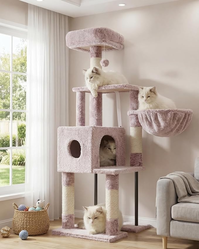 Heybly Cat Tree with Toy, 49.2 inch Cat Tower for Indoor Cats HCT200SMU | Spacious Cat House Condo with Hidden Space，Soft Plush Top Perch，Cozy Hammock and Sisal Scratching Posts, Rosy Brown