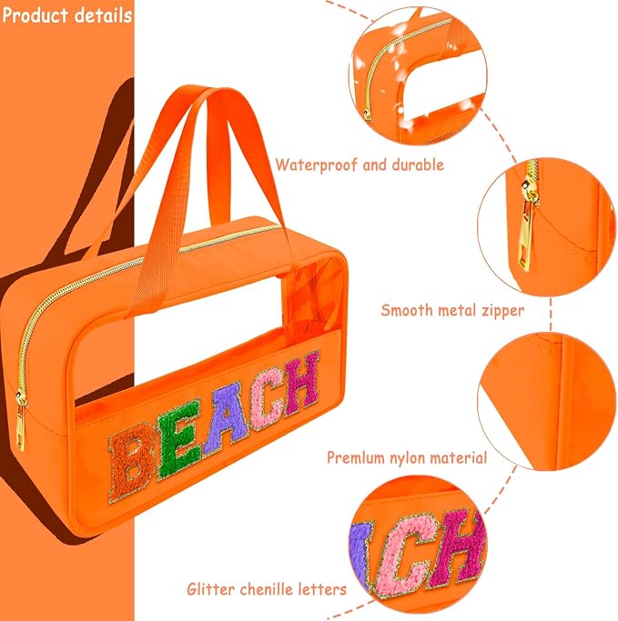 Bunliuys Chenille Letter Clear Makeup Bag Beach Patch, Travel Toiletry Makeup Bag with Handle, Nylon Waterproof Makeup Bags clear cosmetic bag, preppy patch makeup bag for Women (BEACH-Orange)