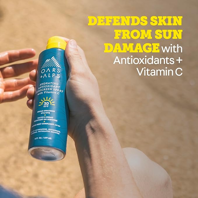 Oars + Alps Sunscreen Spray for Face & Body Spray Sunscreen Infused with Vitamin C & Antioxidants, No White Residue, Water & Sweat Resistant, All Skin Types, Lightweight, Hydrating, SPF 30, 6 Oz, 2pk