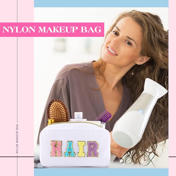 Preppy Makeup Bags Chenille Letter Stuff Bag Nylon Cosmetic Pouch Cases with Zipper for Women Travel Toiletry(Cute Color,Vivid,4 Pcs)