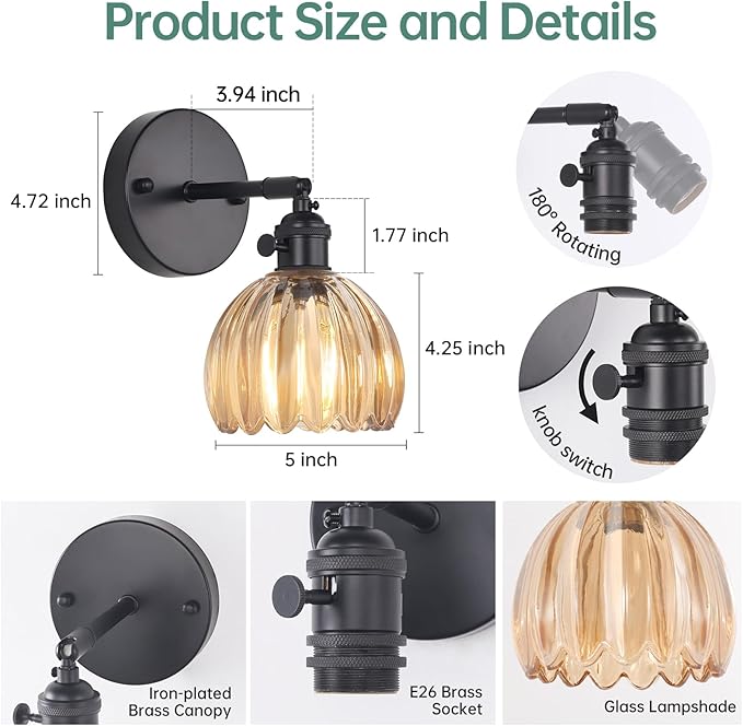 Shenmoyl Vintage Wall Sconce with Amber Tulip Glass Lampshade 180 Degree Adjustable Black Sconce Hradwired Modern Wall Lighting Fixture with Switch for Bedside Bedroom Doorway