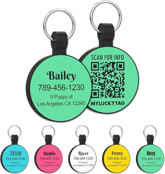 MYLUCKYTAG Silent Silicone QR Code Pet ID | Personalized Dog & Cat Collar Tag | Online Profile with Scanned Location Alert Email