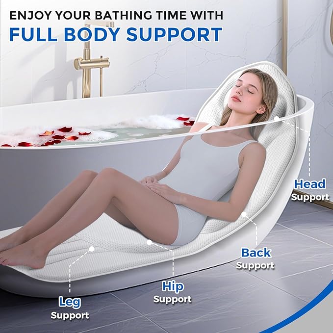 52" x 16" Full Body Bath Pillow for Bathtub, Luxury Bathtub Cushion with 180 Suction Cups and Soft 5D Mesh Fabric, Bath Tub Pillows for Head and Neck, Relaxing Tub Accessories for Women