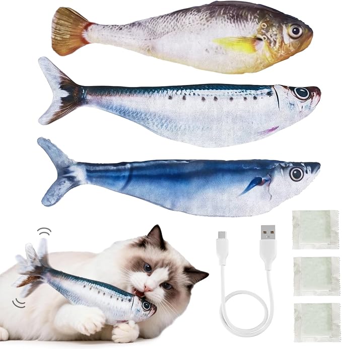Cat Toys Flopping Fish 3 Pack Rechargeable Interactive for Indoor Exercise
