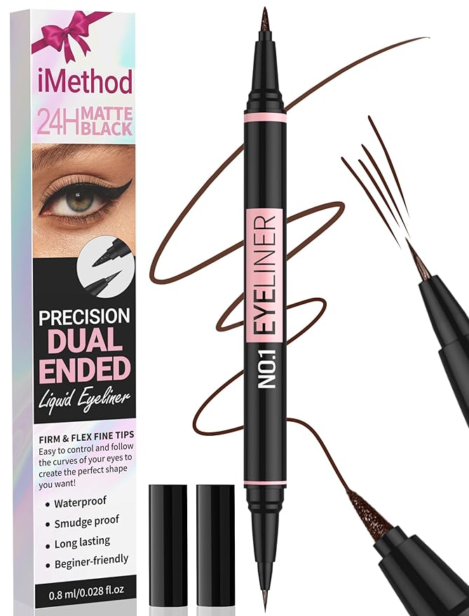 iMethod Liquid Eyeliner - Waterproof Eyeliner 2-in-1 Dual-Ended Eye Liner with Precise Brush-Tip and Thick Tip, Black Liquid Liner Pen, Matte Finish, Long Lasting, Smudge-proof, Transfer-proof, Brown
