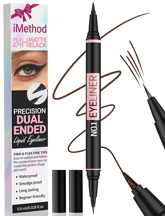 iMethod Liquid Eyeliner - Waterproof Eyeliner 2-in-1 Dual-Ended Eye Liner with Precise Brush-Tip and Thick Tip, Black Liquid Liner Pen, Matte Finish, Long Lasting, Smudge-proof, Transfer-proof, Brown