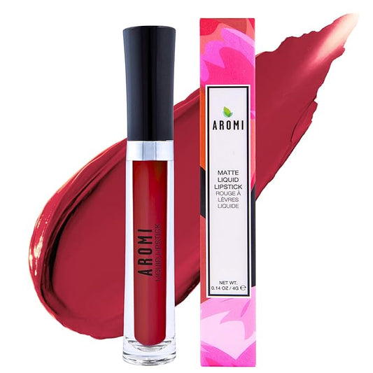 Aromi Matte Liquid Lipstick - Dark Red Lip Color for Women, Velvety Finish, Maroon Shade, Long-Lasting, Waterproof, Vegan (Power Red)