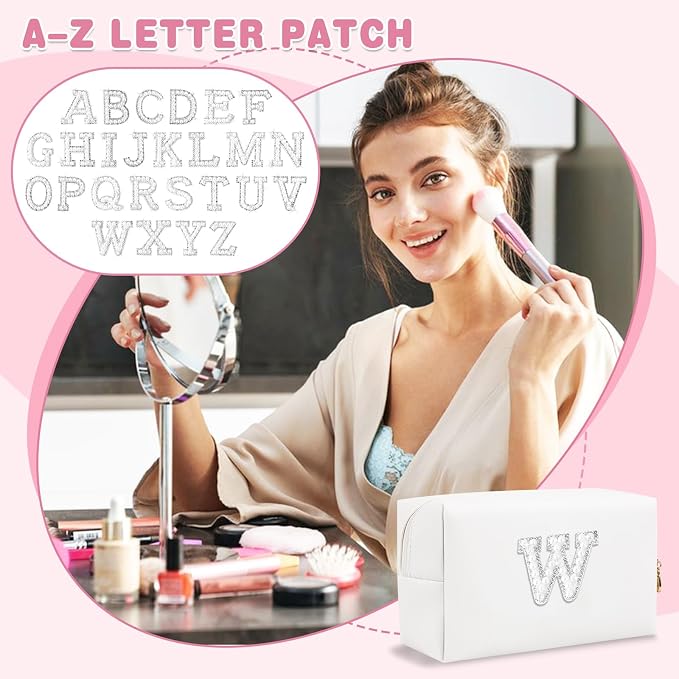 Bride Gifts – Personalized Initial Makeup Bag with Pearl Rhinestone Patch, Preppy White Monogram Cosmetic/Toiletry Pouch, bridesmaid Gifts, Bridal Shower Gifts, Wedding Gifts, Bridal Gifts,W