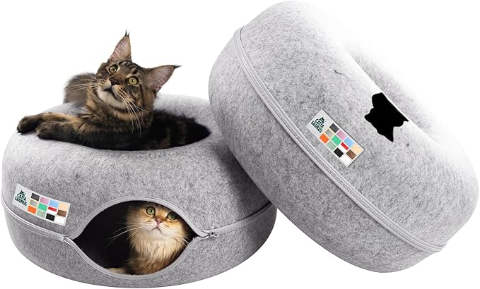 Peekaboo Cat Cave Donut for Multiple & Large Cats up to 30-45 lbs, 3-in-1 Self Warming Cat Bed, Tunnel & Scratcher for Indoor Cats, Washable & Detachable (Light Gray + Light Gray, Large)