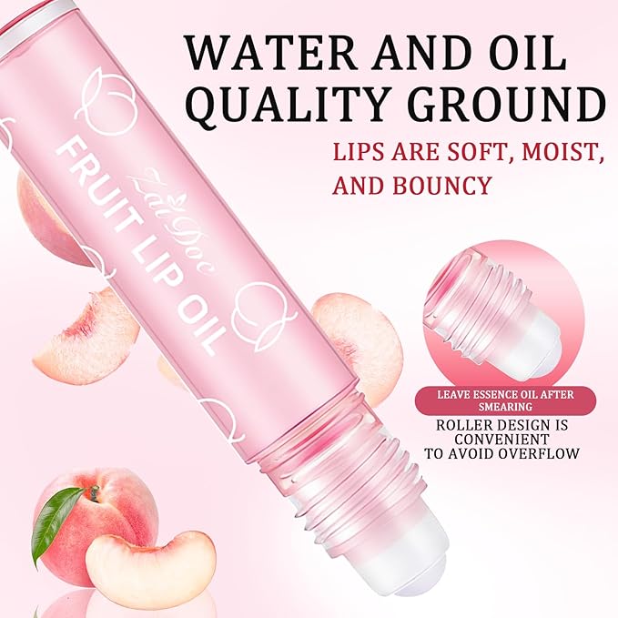 4Packs Fruit Lip Oil Roll-On, Jojoba Oil Infused Moisturizing Lip Gloss for Dry Lips, Nourishing & Non-Sticky Lip Care with Strawberry, Grape, Peach, Cherry Scents