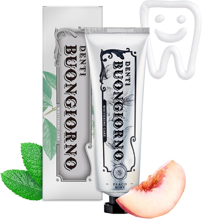 DENTI BUONGIORNO Peach Mint WHITENING Toothpaste (Peach Mint) – Fluoride Free, Advanced Hydrogen Peroxide for Coffee Stains & Yellow Teeth, Anti-Plaque & Enamel Safe, Paraben Free (3.52fl oz / 100g)