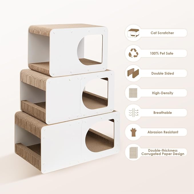 EHEYCIGA Cardboard Cat Scratcher House, 20-Inch Cat Scratch pad, White | Cat Scratching Board for Indoor Cats, High-density Corrugated Paper, Multi-function, Anti-scratch, Easy Install, Large