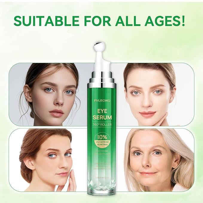 5% Caffeine Eye Cream, Under Eyes Serum for Dark Circles and Puffiness, 360° Massage Roller Ball Eye Bags Treatment Serum, Reduces Wrinkles Fine Lines for Women
