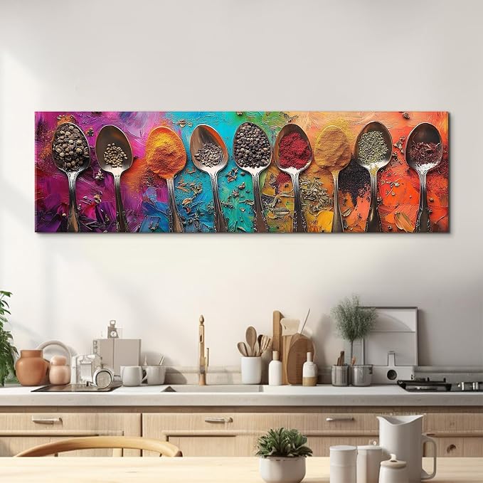 Colorful Spices Seasoning Spoon Canvas Wall Art Kitchen Wall Decor Large Abstract Seasoning Herb Picture for Dining Room Home Bar Decorations Watercolor Food Poster Contemporary Artwork 14x48”
