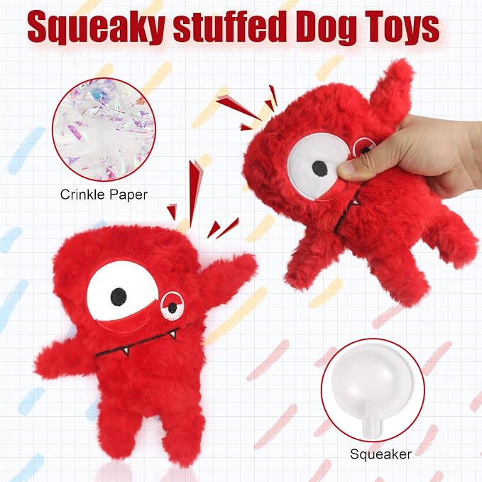 Monster Stuffed Squeaky Dog Toy, Crinkle Dog Plush Toy, Red | Soft Lightweight Toy for Fetch and Chew, Interactive Outdoor Indoor Play for Tug, Birthday Gift, For Puppy Small Medium Dog