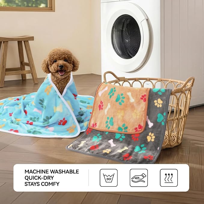 LINENLUX Dog Blankets 4-Pack, Super Soft Fluffy Fleece Pet Throw Warm | Premium flannel fleece pet throw for cats, puppies. Cozy warm for bed, crate, or couch naps; Bones and Claws-4pcs 40x31 inch