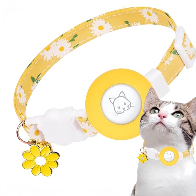 for Airtag Cat Collar Lightweight and Comfortable, Bells & Flower Charm Collar Breakaway with Silicone, for Apple Air Tag Holder Smart ID tag for Cats and Puppies (Yellow)