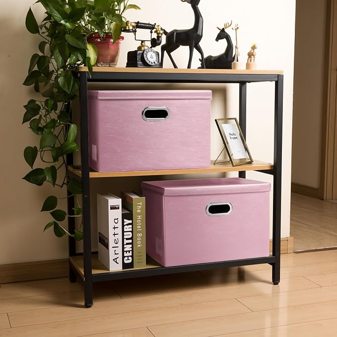 Large Stackable Storage Bins with Lids [5-Pack] Leather Fabric Foldable Storage Boxes Organizer Containers Baskets Cube with Cover for Bedroom Closet Office Nursery Pink (17.7x11.8x11.8)