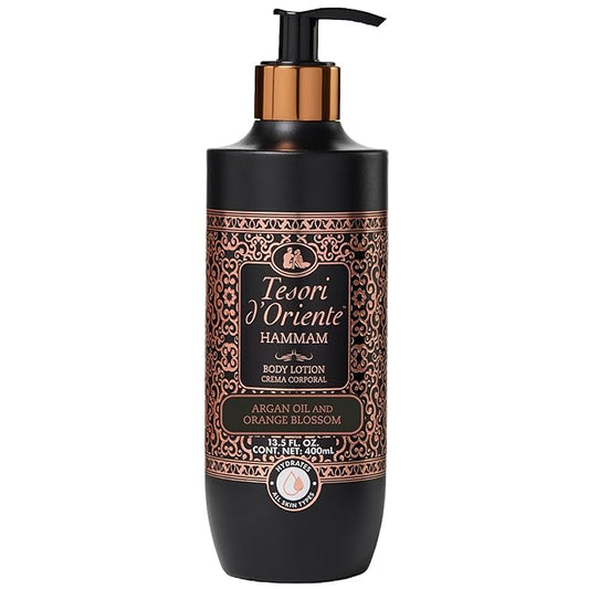 Tesori d’Oriente Hammam Body Lotion, 13.5 fl oz, Daily Full Body Moisturizer with Argan Oil, Fast-Absorbing, Lightweight & Non-Greasy, Orange Blossom Scented, All Skin Types