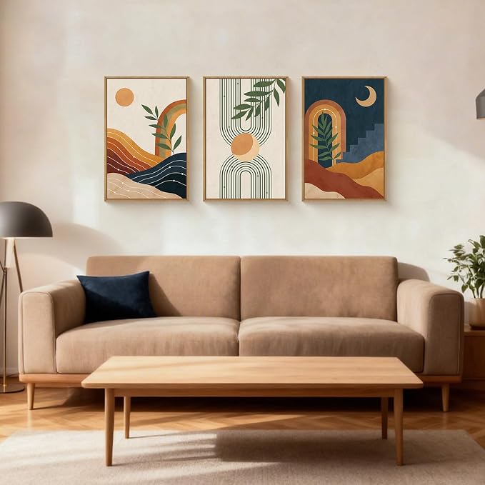 FWIEXA Vintage Boho Nature Framed Canvas Wall Art Set of 3, Minimalist Geometric Sun Moon Line Wall Prints, Abstract Green Leaf Painting,16x24In Modern Beige Navy Blue Artwork for Living Room,Bedroom