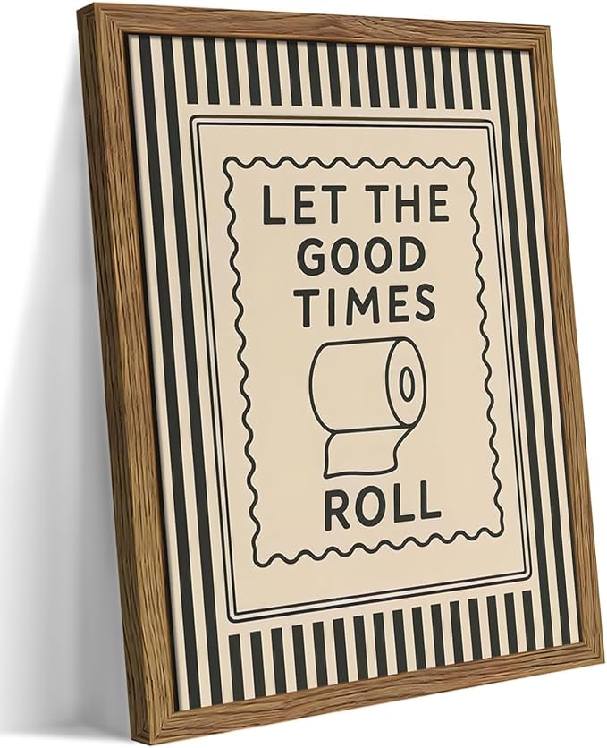 Framed Let The Good Times Roll Bathroom Print, Vintage Funny Toilet Quote Canvas Wall Art, Stripes Bathroom Picture Poster, Downstairs Toilet Painting Wall Decor 16x24 inch