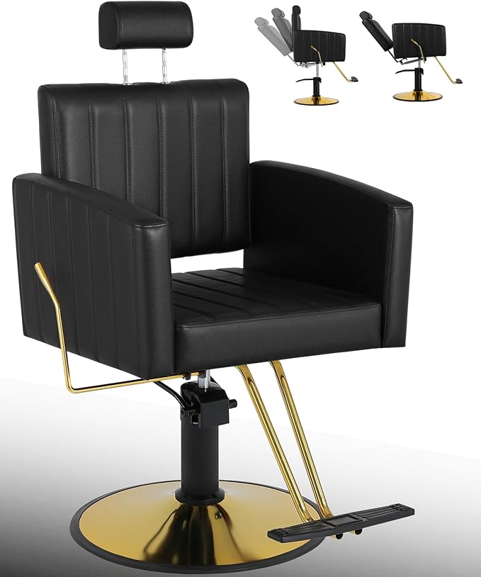 Black and Gold Salon Chair for Hair Stylist, Heavy Duty Hydraulic Barber Salon Chair with Vertical Stitch Design, 360° Swivel, Adjustable Height, Ergonomic Reclining Stylist Chairs for Beauty Salon