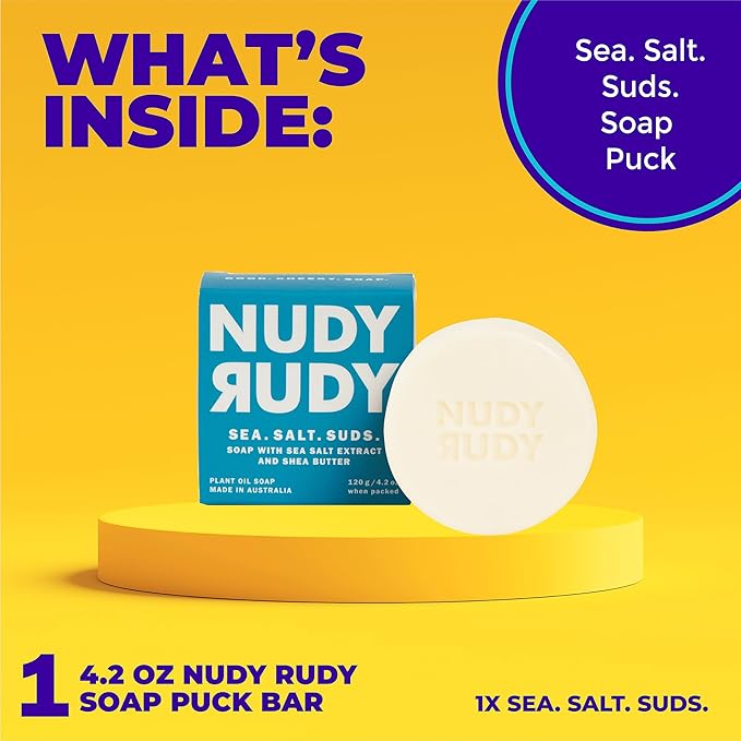 Nudy Rudy Sea Salt Suds Soap Bar Puck, Made with Organic Shea Butter and Sea Salt, Triple Milled Bar, No Harsh Ingredients, All Skin Types, 4.2 oz, Made in Australia