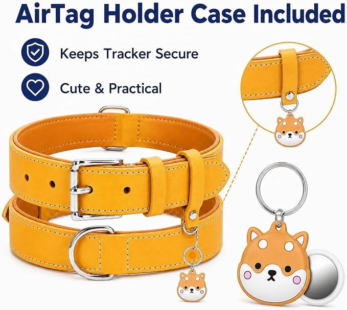 Genuine Leather Dog Collar, Soft Padded Leather Dog Collars with Airtag Holder Case for Small Medium Large X-Large Dogs,Comfort Heavy Duty Pet Collar with Durable Metal Buckle & D-Ring-Light Yellow/S