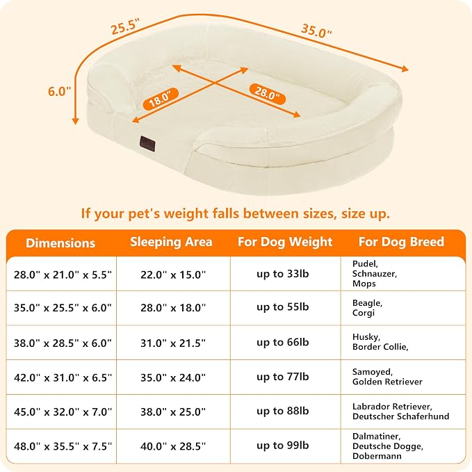 Dwanton Orthopedic Waterproof Medium Dog Bed Sofa, Gel Memory Foam, 36" | Egg-Crate Foam Dog Sofa, Washable Pet Bed with Four Sided Bolster Cushion, Removable Cover & Non-Slip Bottom, Beige