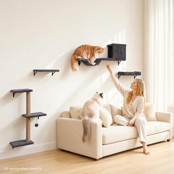 Cat Wall Shelves 6-in-1 Wall Mounted Cat Furniture 40 lbs, Dark Grey | Natural Wood, Bed & Cave & Scratching Post, 40 lbs for Large Cats, Space-Saving, for Living Room & Window