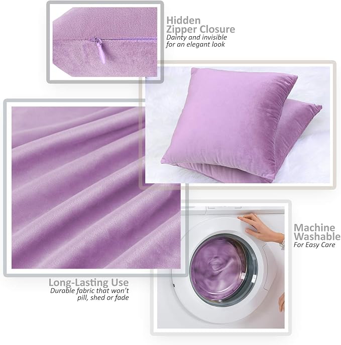 Throw Pillow Inserts Pack of 2 with Velvet Soft Solid Decorative Square Throw Pillow Covers Set for Sofa Couch Car Bedroom, 26X26 Throw Pillows Inserts with 24x24 Washable Cushion Covers, Lavender