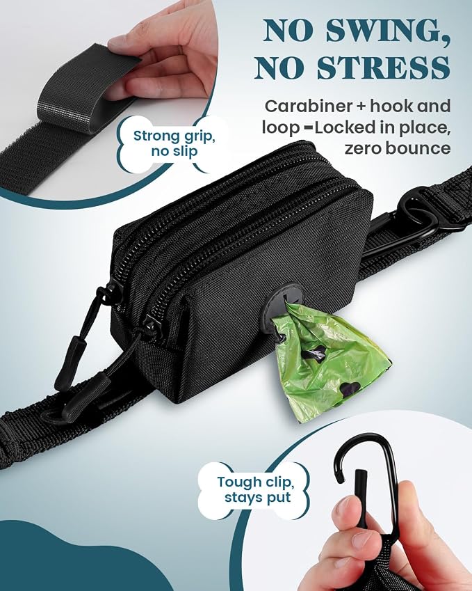 Dog Poop Bag Holder for Leashes, Black Doggie Waste Bag Dispenser and Treat Holder, with Carabiner Hook and Poop Bag Clip, Used Waterproof Wear-Resistant Fabric and 2 Zippered Pouches for Walking